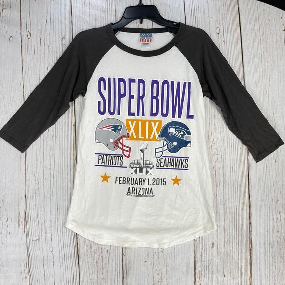 Junk Food Tee Shirt Size S Super Bowl Seahawks Patriots 3/4 Sleeves 100% Cotton - Picture 1 of 5